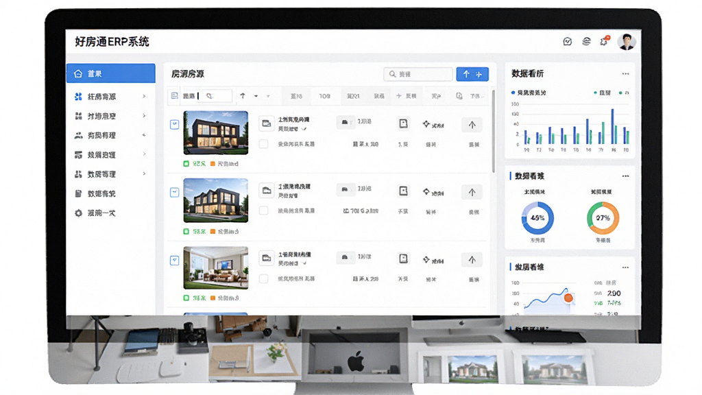 一幅展示好房通ERP系统主界面的电脑截图,界面布局清晰,左侧功能菜单,中间房源列表,右侧数据看板,整体风格现代商务,蓝白配色,界面干净整洁,画质高清,无多余元素。