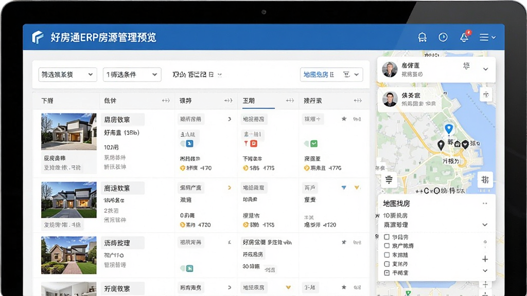 好房通ERP房源管理界面预览图,展示房源列表、筛选条件、地图找房功能,界面设计直观,数据清晰,风格简洁商务,色彩以蓝白为主,画质高清,干净无多余元素。