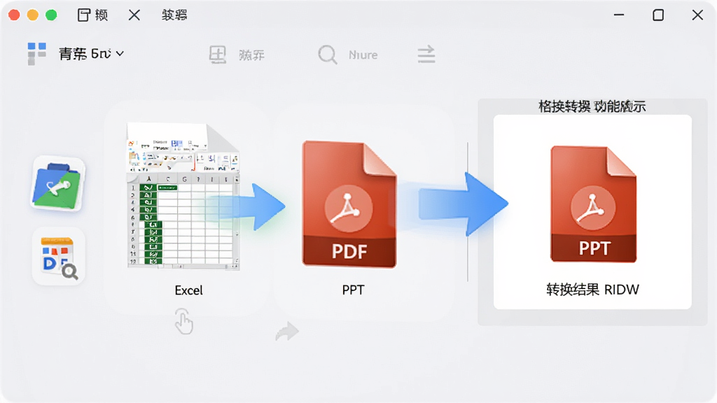 青苹PDF转换器格式转换功能展示,将Excel表格和PPT幻灯片拖入界面,界面显示转换为PDF的动画效果,背景为淡灰色,功能图标清晰,转换结果预览显示PDF文件图标,风格简洁现代,画质高清