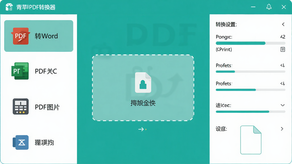 青苹PDF转换器主界面预览图,现代化扁平设计风格,左侧功能列表包含PDF转Word、PDF转Excel、PDF转图片等图标,中间区域显示拖拽添加文件的虚线框,右侧为转换进度与设置面板,整体配色以青绿色为主,干净明亮,高清画质,无多余元素