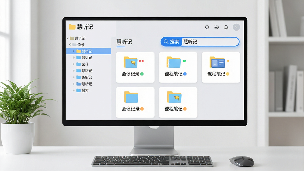 主体:电脑显示器中展示“慧听记”的文件夹管理界面,左侧树状目录,右侧文件卡片与搜索框。布局:显示器居中,周围有键盘、鼠标与绿植,背景为简洁书房。排版:列表视图清晰,标签彩色圆点,搜索框高亮显示关键词。风格:扁平化设计,浅灰背景,蓝色点缀。细节:文件卡片上显示“会议记录”、“课程笔记”等名称,搜索框内文字“慧听记”。画质:清晰通透,干净,无多余元素。
