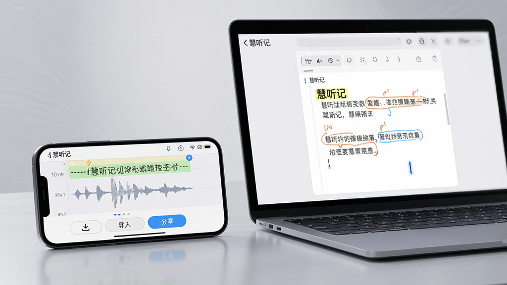主体:手机与电脑并排,屏幕上显示“慧听记”的转写编辑页面,有高亮文字与批注。布局:手机横放与笔记本电脑屏幕相对,背景为浅灰色桌面。排版:界面UI清晰,编辑区光标闪烁,底部工具栏有“导入”、“分享”按钮。风格:写实风格,光线柔和,强调跨设备协作。细节:手机屏幕中显示波形,电脑屏幕中显示“慧听记”文本编辑框。画质:超清,干净,无多余元素。