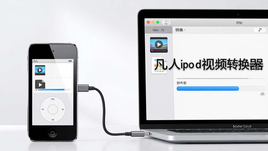 主体:一台现代iPod Touch与笔记本电脑相连,屏幕显示转换软件界面,界面中有视频文件列表与转换进度条。布局:左侧为iPod设备,右侧为电脑屏幕,中间有数据线连接,整体呈水平构图。排版:电脑屏幕中突出显示软件名称“凡人ipod视频转换器”字样,字体清晰。风格:写实科技风,光线明亮,背景简洁。细节:视频文件图标带有播放符号,转换进度条为蓝色高亮,画质细腻。画质:高清渲染,干净,无多余元素。