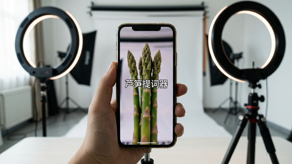 主体:芦笋提词器在手机上的实际使用场景,一只手拿着手机,屏幕显示提词字幕,背景是简易摄影棚。布局:手机位于画面中央,周围有环形补光灯和桌面三脚架。排版:字幕文字清晰,可辨认为