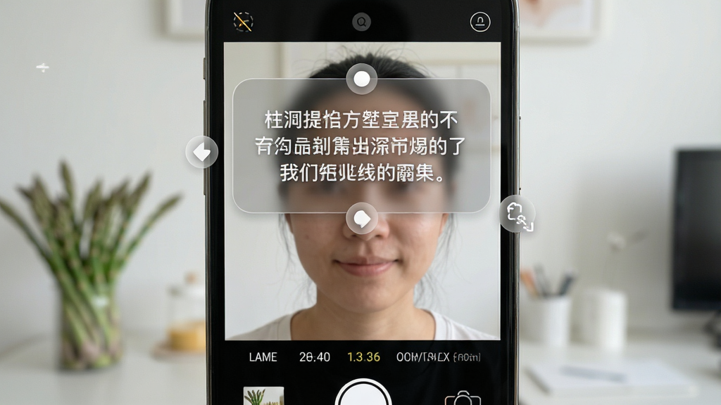 主体:芦笋提词器悬浮窗功能演示,手机屏幕上相机界面,中央悬浮半透明提词框,字幕清晰。布局:悬浮窗位于屏幕上方三分之一处,不遮挡人脸。排版:字幕字体清晰,背景半透明,边缘圆角。风格:简洁实用,科技感。细节:悬浮窗有拖动和缩放控制点,字幕滚动流畅,手机界面显示拍摄参数。画质:高清,干净,无多余元素。