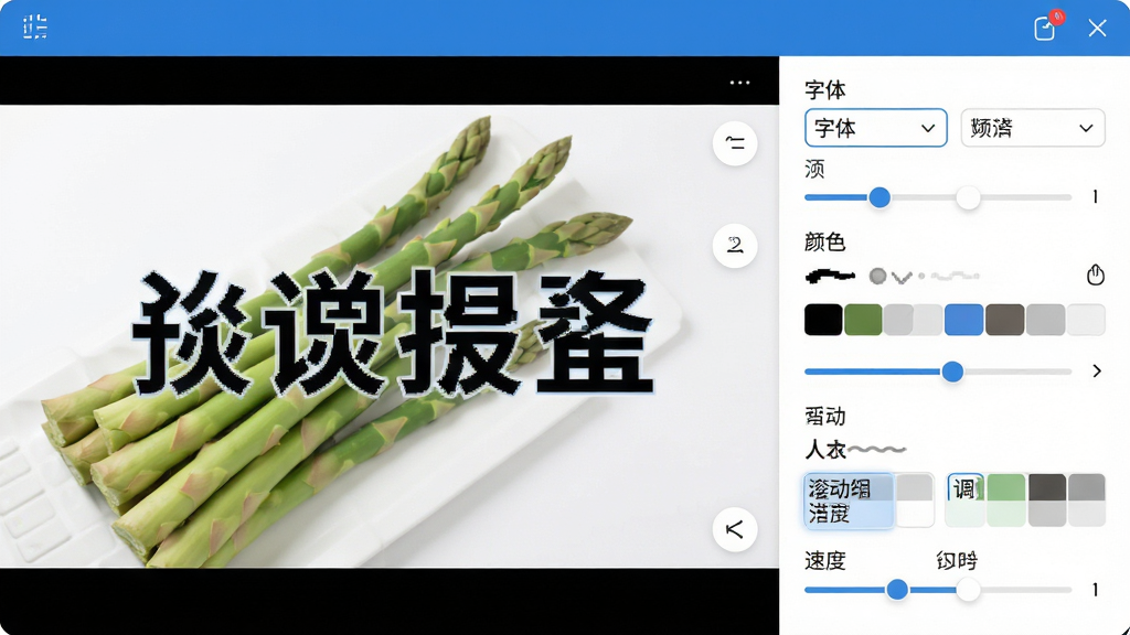主体:芦笋提词器字幕设置界面,显示字体大小、颜色、滚动速度等调节选项。布局:左侧为预览屏幕,右侧为设置面板,清晰直观。排版:设置项以列表排列,滑动条精细,预览屏幕显示大字幕。风格:扁平化设计,蓝白配色。细节:字体选择多样,背景色可调,预览效果实时更新。画质:清晰,干净,无多余元素。