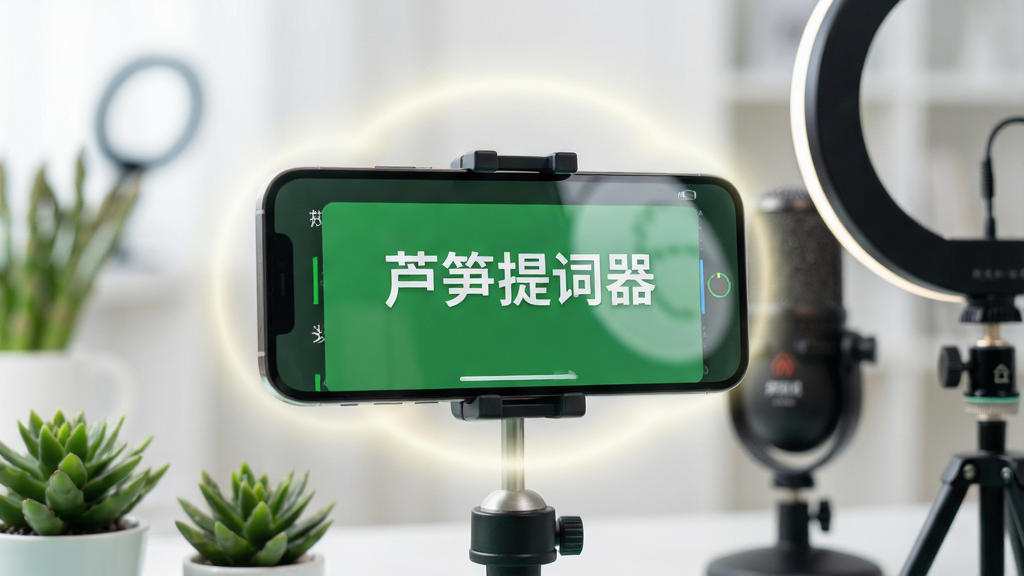 主体:芦笋提词器软件界面,一部智能手机横屏放置在支架上,屏幕显示绿色背景的提词字幕,旁边有麦克风和补光灯,营造专业拍摄场景。布局:手机居中,字幕清晰,背景虚化,前景有小型绿植点缀。排版:画面简洁,字幕文字可辨认为