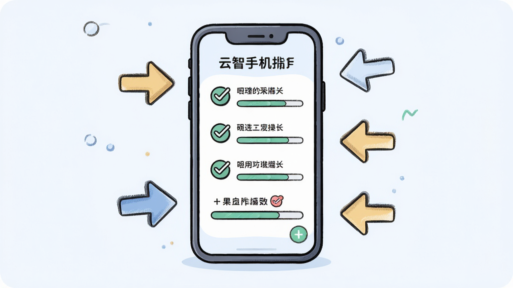 云智手机使用指南插图,主体为手机屏幕显示操作步骤列表,周围有箭头指示,布局清晰,风格卡通简约,细节包括勾选图标与进度条,高清画质,干净,无多余元素,无文字