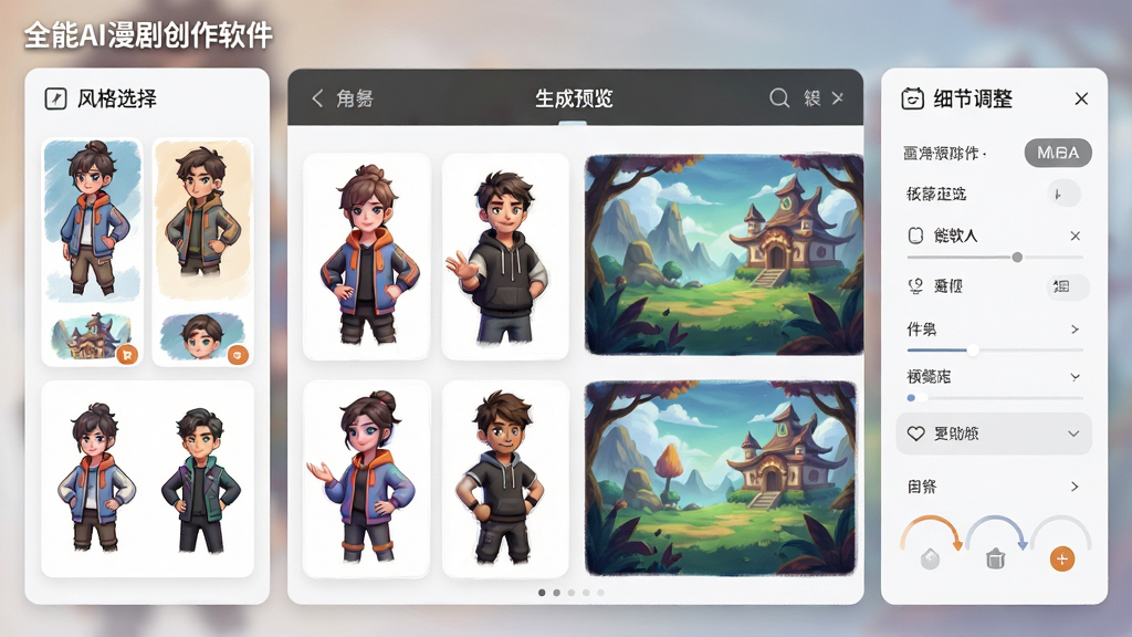 主体:全能AI漫剧创作软件的角色与场景生成功能展示。布局:界面左侧为风格选择区,中间为生成预览区,右侧为细节调整面板。排版:整体采用卡片式布局,各功能模块清晰分隔。风格:手绘与3D结合,色彩丰富。细节:展示多个不同风格的角色立绘和背景场景,并带有“全能AI漫剧创作软件”标识。画质:细腻,质感强,干净无多余元素。