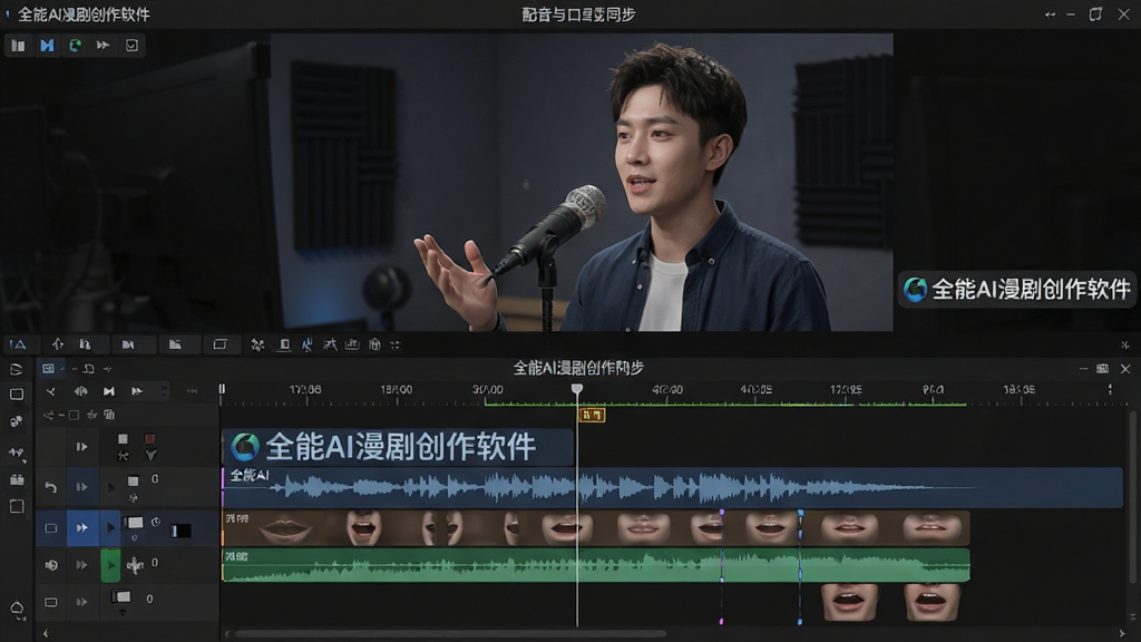 主体:全能AI漫剧创作软件的配音与口型同步界面。布局:上方为角色对话场景,下方为音轨编辑区,显示配音波形与口型关键帧。排版:上下结构,时间轴清晰。风格:专业剪辑软件风格,深色主题。细节:角色正在说话,音轨上有“全能AI漫剧创作软件”标识。画质:高清晰度,细节丰富,干净无多余元素。