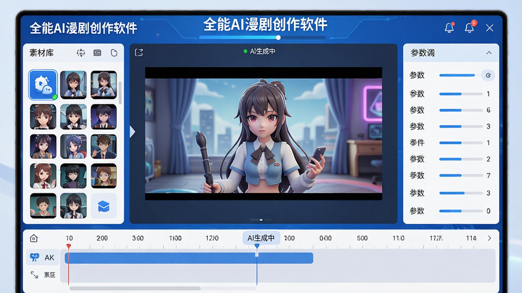 主体:全能AI漫剧创作软件主界面,展示其强大的AI漫剧创作功能。布局:界面中央显示一个正在生成的漫剧分镜,左侧为素材库,右侧为参数调节面板,底部为时间轴。排版:界面元素清晰,功能图标排列整齐,色彩以蓝白为主,科技感强。风格:现代扁平化,结合3D渲染效果。细节:屏幕上有“全能AI漫剧创作软件”字样,以及“AI生成中”进度条。画质:8K超高清,细节丰富,干净无多余元素。