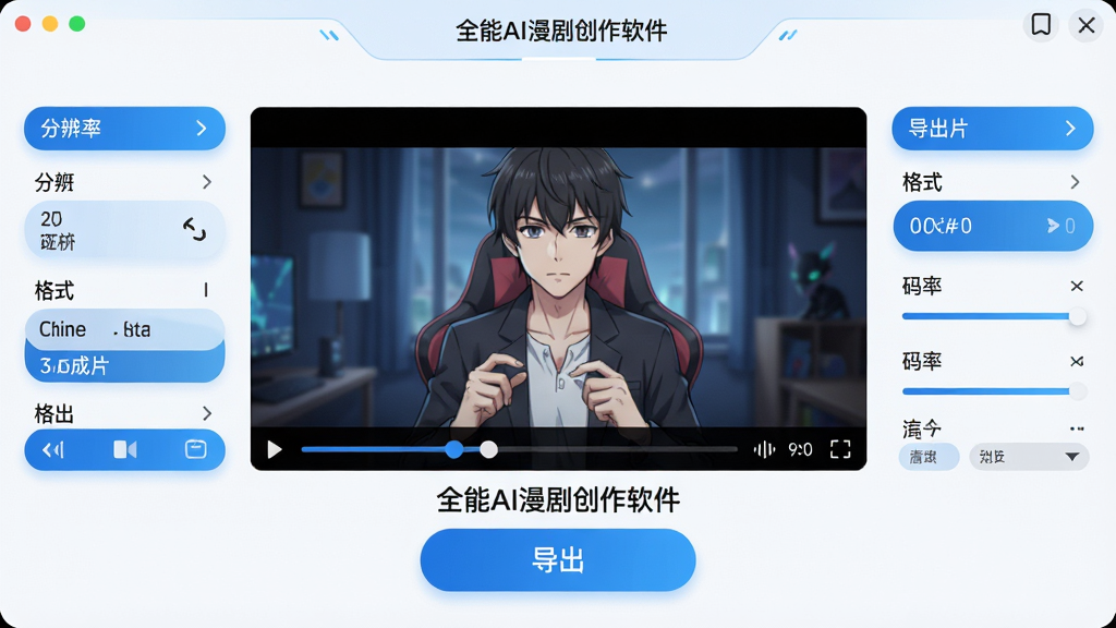 主体:全能AI漫剧创作软件的一键成片导出界面。布局:中央显示视频预览窗口,周围为导出设置选项,包括分辨率、格式、码率等。排版:简洁明了,按钮大而醒目。风格:现代简洁,带有科技蓝配色。细节:预览窗口播放着生成的漫剧,下方有“导出”按钮,并显示“全能AI漫剧创作软件”字样。画质:超清,流畅,干净无多余元素。