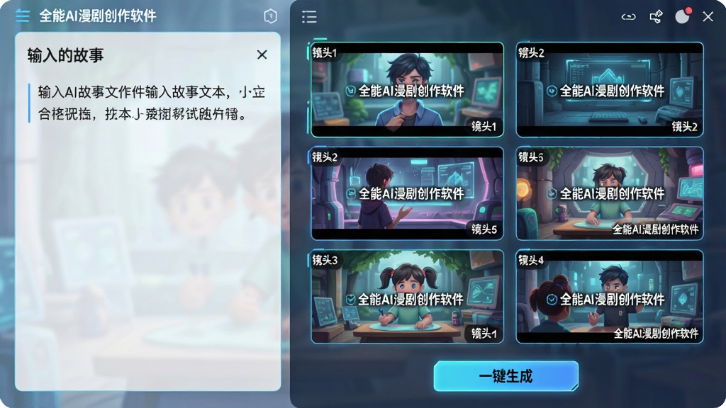 主体:全能AI漫剧创作软件的分镜生成界面。布局:左侧显示输入的故事文本,右侧显示自动生成的多个分镜缩略图,底部有“一键生成”按钮。排版:界面采用左右分栏式,分镜缩略图以网格排列。风格:清新简洁,带有未来科技感。细节:分镜图上标有“镜头1”、“镜头2”等标签,并显示“全能AI漫剧创作软件”水印。画质:高清,色彩鲜艳,干净无多余元素。