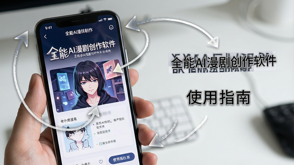 主体:全能AI漫剧创作软件在手机上的运行截图。布局:手机屏幕显示软件主界面,周围有操作指引箭头。排版:左图右文,重点功能标注。风格:真实场景拍摄风格。细节:手机界面显示“全能AI漫剧创作软件”字样,并标注“使用指南”。画质:高清,真实,干净无多余元素。
