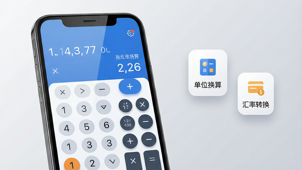 主体:“专业实用计算器”应用界面展示,一部智能手机屏幕内呈现清晰的计算器操作面板,包括数字键、运算符号以及科学计算功能区。布局:手机居中偏左,右侧留白并带有悬浮的功能图标如“单位换算”“汇率转换”。排版:手机屏幕内UI元素排列整齐,上方显示计算表达式与结果,下方为圆形按键。风格:现代简约,扁平化设计,蓝白主色调,搭配柔和阴影。细节:屏幕反光自然,背景为浅灰色渐变,营造专业科技感。画质:8K超高清,细节丰富,干净,无多余元素。