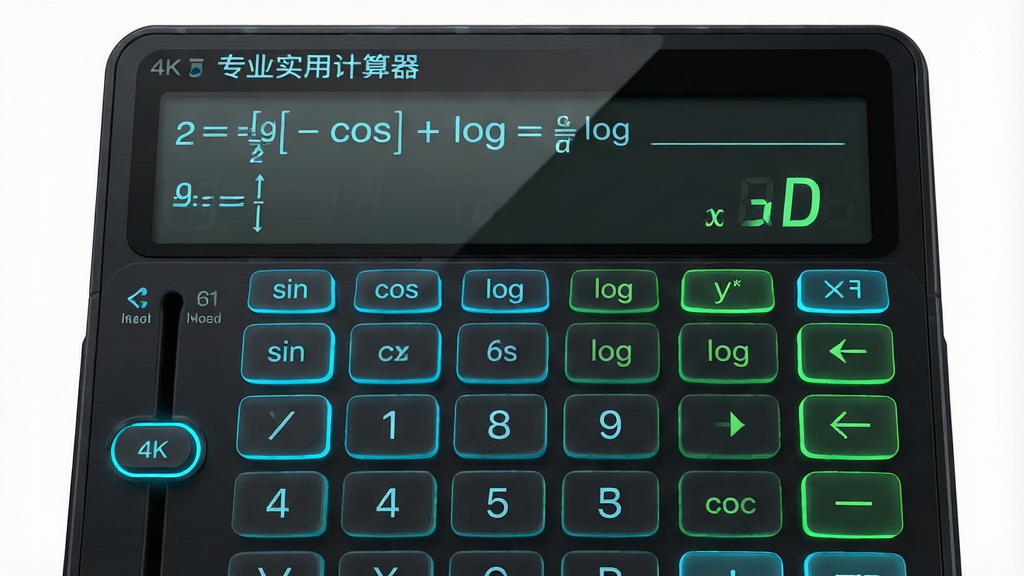 主体:“专业实用计算器”科学计算模式界面,屏幕上显示sin、cos、log等科学函数按键。布局:上方为公式编辑区,下方为密集函数键盘,左侧有模式切换滑块。排版:功能按键分类清晰,颜色区分明显。风格:深色主题,科技感强,搭配霓虹蓝与绿色点缀。细节:按键上有清晰文字标注,屏幕反射柔和,背景为深灰金属质感。画质:4K高清,干净,无多余元素。