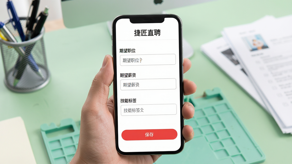 画面主体为一部手机被一只手握住,屏幕显示“捷匠直聘”的简历编辑页面,有“期望职位”、“期望薪资”、“技能标签”等输入框,旁边有红色的“保存”按钮,背景为浅绿色工作台,有笔筒和文件,整体布局为手机居中,排版清晰,风格简约,细节包括输入框内的示例文字,画质高清,干净无多余元素