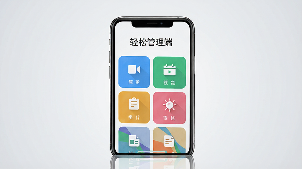 画面中央展示一部手机,屏幕亮起显示轻松管理端主界面,上方有“轻松管理端”字样,下方排列整齐的彩色功能卡片,背景为浅灰色渐变,整体风格简约现代,扁平化设计,细节丰富,高清画质,干净无多余元素