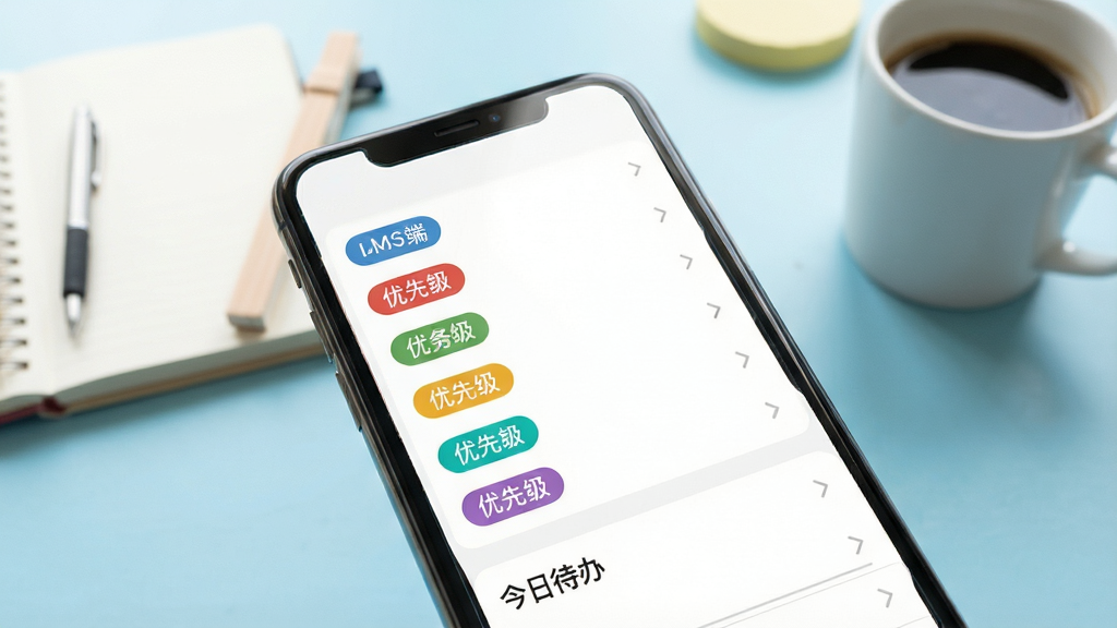 手机屏幕特写,展示轻松管理端的任务列表页面,不同颜色的优先级标签,底部有“今日待办”字样,背景为浅蓝色工作台,桌面有笔记本和咖啡杯,整体风格清新明亮,写实风格,画质清晰,无多余元素
