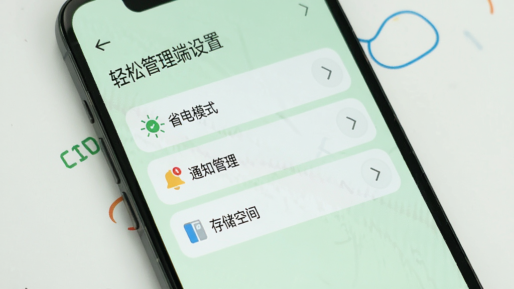 手机屏幕上显示轻松管理端设置页面,有“省电模式”、“通知管理”、“存储空间”等选项,背景为浅绿色,风格简约,画质干净,无多余元素