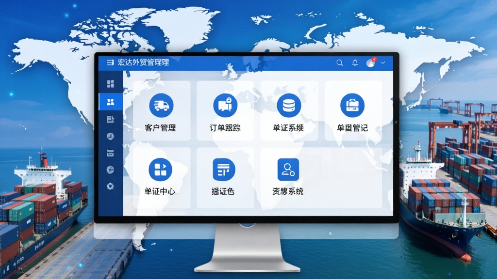 主视觉展示宏达外贸流程管理信息系统的操作界面,屏幕上有客户管理、订单跟踪、单证中心等模块图标,背景为世界地图与集装箱港口,整体风格商务蓝白配色,干净明亮,科技感强,高质量渲染,无多余元素