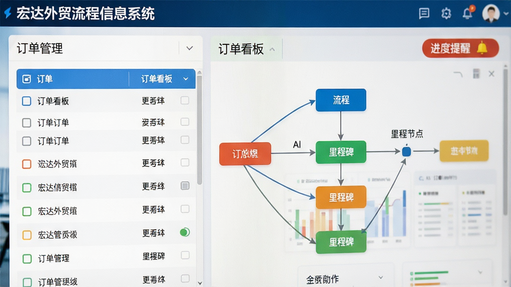宏达外贸流程管理信息系统订单管理界面特写,左侧为订单列表,右侧显示流程图与里程碑节点,色彩明快,界面简洁,突出“订单看板”与“进度提醒”功能,画质清晰,无多余元素
