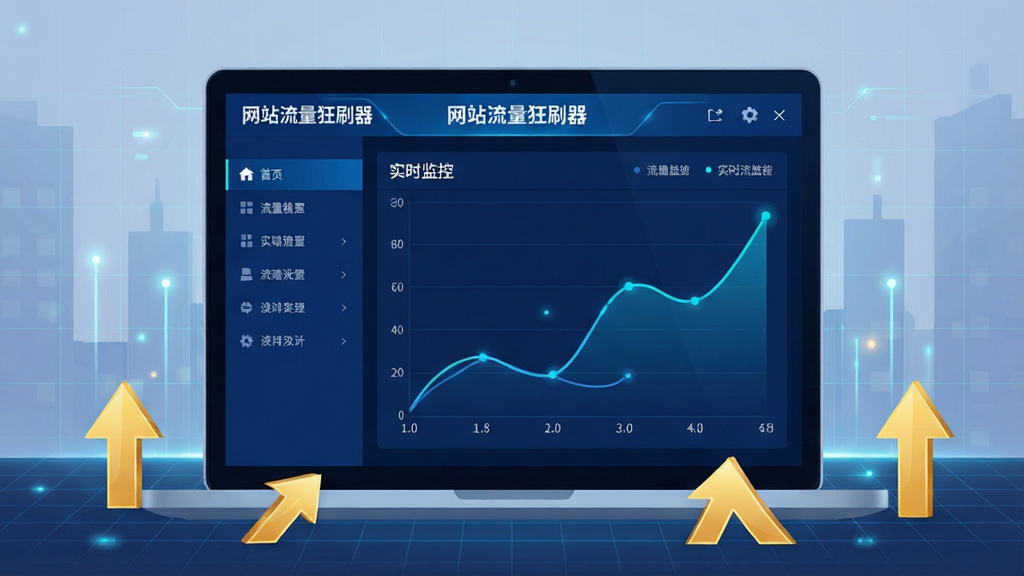 画面主体为一台笔记本电脑,屏幕中显示着“网站流量狂刷器”的控制台界面,界面以深蓝色科技感为主色调,左侧是功能导航栏,右侧是实时流量监控曲线图,曲线呈明显上升趋势。布局采用居中构图,电脑前方散落着几个代表流量增长的金色箭头图标。整体风格为现代扁平化设计,细节处带有微光效和网格背景,画质清晰干净,无多余元素。
