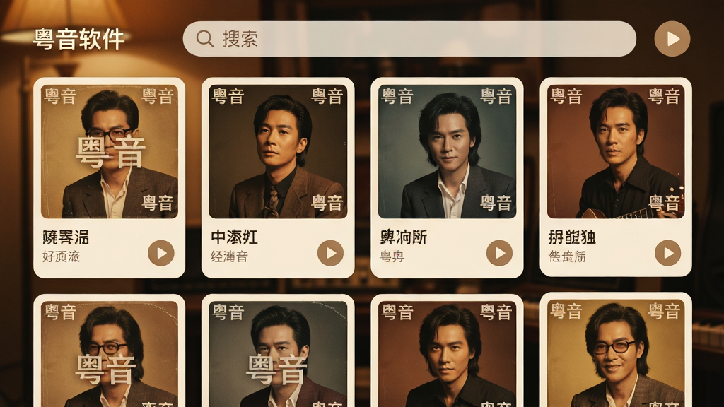 主体:粤音软件歌曲列表界面,展示多张经典粤语专辑封面。布局:上方为搜索栏,下方为瀑布流式歌曲卡片。排版:卡片均等排列,封面图与歌名、歌手信息对齐。风格:复古与现代结合,暖色灯光氛围。细节:每张封面旁标注“粤音”水印,界面有圆形播放按钮。画质:细腻清晰,无多余元素。