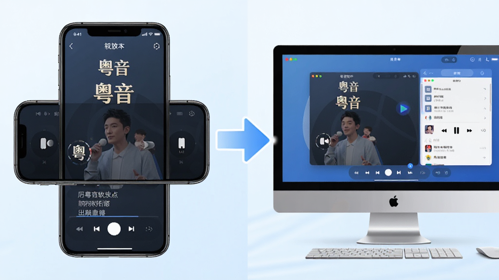 主体:粤音软件在手机与电脑上的使用场景对比图。布局:左侧为手机横屏点唱,右侧为电脑桌面播放,中间有同步箭头。排版:左右对称,视觉平衡。风格:明亮清新,科技感。细节:屏幕中显示“粤音”界面,有歌词与播放列表。画质:高清,无多余元素。