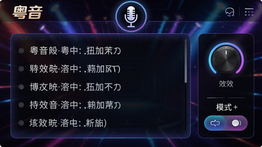 主体:粤音KTV模式界面,显示歌词与音效调节面板。布局:中央为歌词滚动区,右侧为音效旋钮与模式切换按钮。排版:简洁有序,功能图标化。风格:炫彩灯光背景,现代科技感。细节:界面顶部有“粤音”Logo,麦克风图标突出。画质:高清,无多余元素。