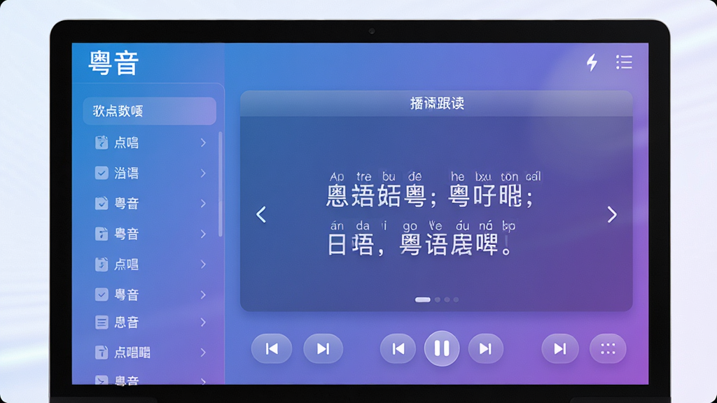 主体:粤音软件主界面展示,电脑屏幕中呈现点唱列表与歌词拼音标注。布局:左侧为歌曲分类栏,右侧为播放与跟读区域,底部为控制按钮。排版:清晰直观,信息层级分明,主次有序。风格:现代简约,蓝紫渐变主色调,搭配柔和光影。细节:界面文字清晰标注“粤音”名称,歌词旁有粤语拼音小字。画质:高清渲染,干净无多余元素。