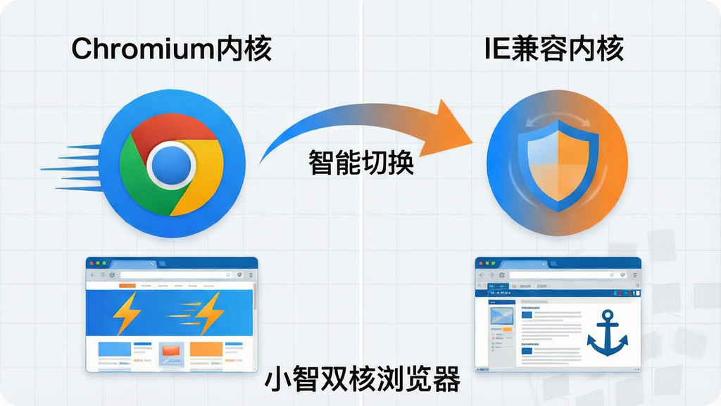 ���壺С��˫�������˫���л�ʾ��ͼ�����ҷ����Աȣ����ΪChromium�ں�ͼ�������ټ��ص��ִ���ҳ���Ҳ�ΪIE�ں�ͼ����䴫ͳ��ҵϵͳҳ�档���֣���������һ�����μ�ͷ�������������ں�ͼ�꣬�·�����һ���������������ͼ���Ű棺���ҶԳƣ�ͼ���Ϸ�����ע��Chromium�ںˡ��͡�IE�����ںˡ�����ͷ�м��ע�������л�������񣺱�ƽ���廭�磬ɫ����������ɫ���ɫ���䣬����׶���ϸ�ڣ������ҳ����ͼ��������ź͸����˶��������Ҳ��ж��Ʒ��ź��ȶ�ê�㣬������ǳ��ɫ���񡣻��ʣ�4K���ɾ����޶���Ԫ�ء����ֱ�ע����С��˫������������������ڻ���ײ���