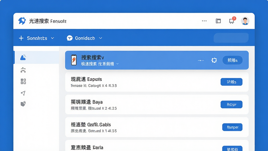 光速搜索主界面预览图,展示极速搜索结果列表和简洁工具栏,布局清晰,现代扁平化设计风格,蓝白配色,高画质,干净无多余元素