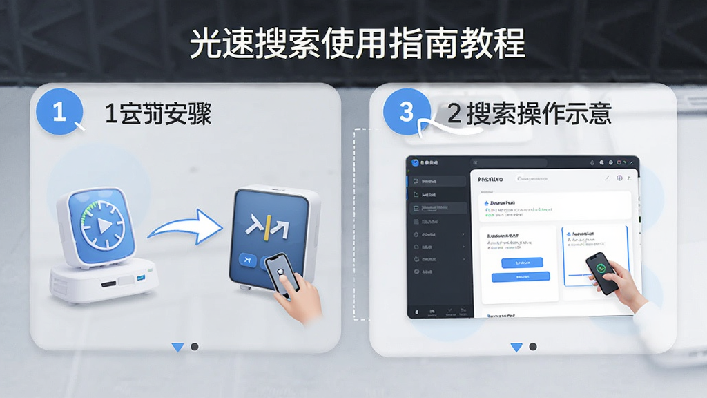光速搜索使用指南教程图,展示安装步骤和搜索操作示意,步骤编号清晰,简洁风格,高画质,干净无多余元素