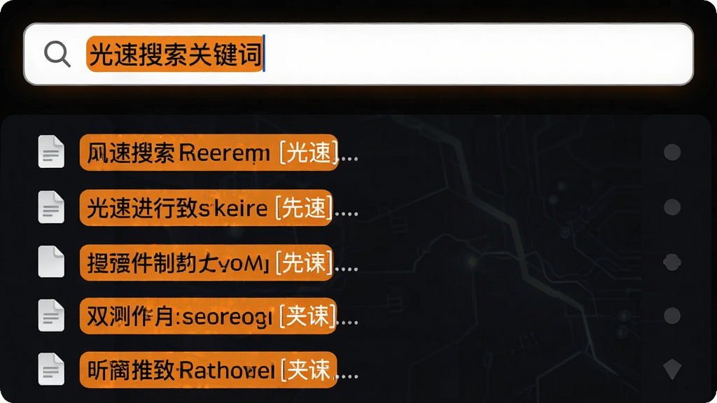 光速搜索关键词高亮显示效果图,搜索框中输入关键词,结果列表中的文件名匹配部分以橙色高亮标记,清晰易读,高画质,干净无多余元素