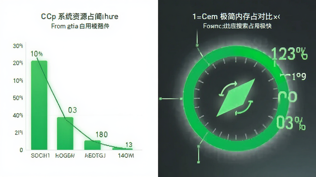 光速搜索极简内存占用对比图,左侧显示系统资源占用极低,右侧显示搜索速度极快,绿色清爽风格,高画质,干净无多余元素