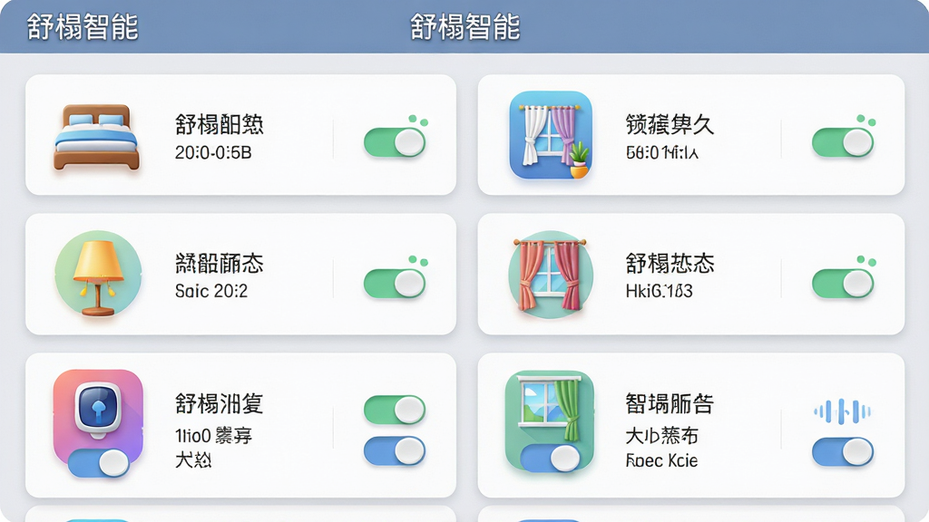 ���壺�������APP�е��豸�б�ҳ�棬��ʾ��������豸ͼ�꣬�紲���ơ������ȣ�ÿ��ͼ���·��п���״̬�����֣��б�ʽ���У����Ϊ�豸ͼ�꣬�Ҳ�Ϊ���ƺ�״̬���Ű棺�����Ŀ�Ƭʽ��ƣ�����Ϊǳ��ɫ��ͼ��ɫ����������񣺼�ࡢֱ�ۡ�ϸ�ڣ�������������ʾ��������ܡ����豸ͼ�������΢������С����ʣ����壬�ɾ����޶���Ԫ�ء�