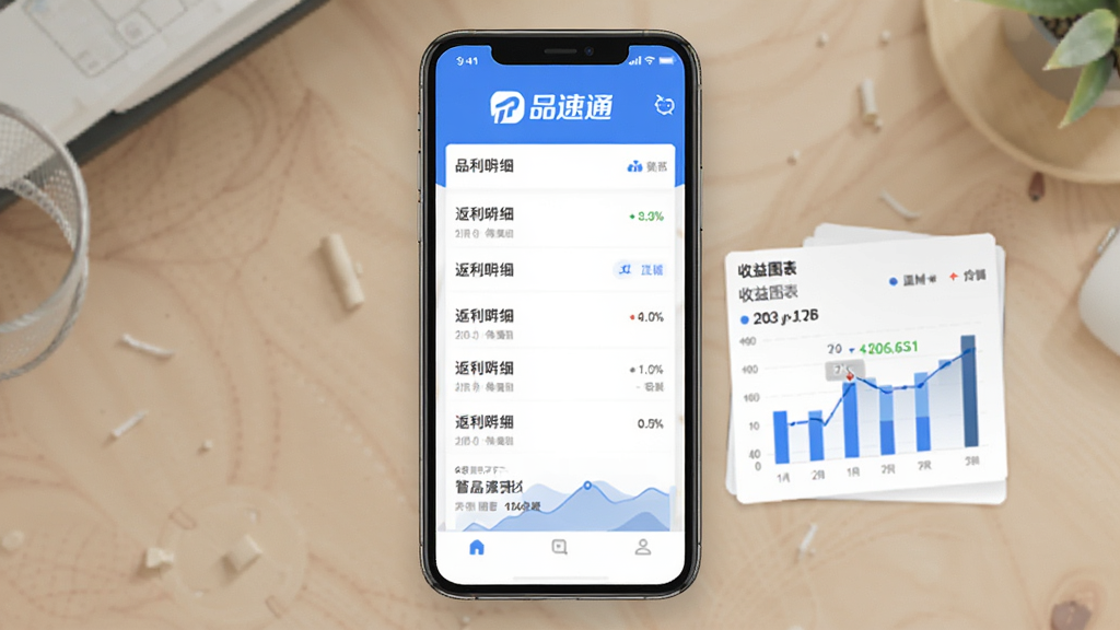 主体为品速通APP界面示意图,展示手机屏幕上的返利明细列表与收益图表,布局采用居中构图,界面元素清晰排列,包含“品速通”字样logo,风格为现代扁平化设计,色彩以蓝白为主,细节丰富,画质干净,无多余元素