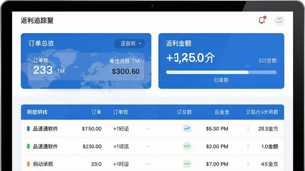 品速通软件功能预览图,展示返利追踪界面,包含订单列表、返利金额数字与进度条,布局为上下结构,上方为数据总览卡片,下方为明细列表,风格简洁商务,蓝白配色,细节清晰,画质干净,无多余元素