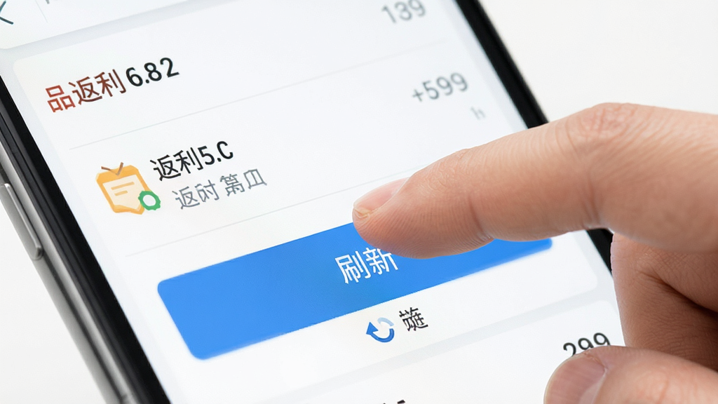 品速通手机操作教程插图,展示用户点击“刷新”按钮的界面特写,背景为返利列表,布局简洁,突出手指点击动作,风格写实,光线明亮,细节清晰,画质干净,无多余元素