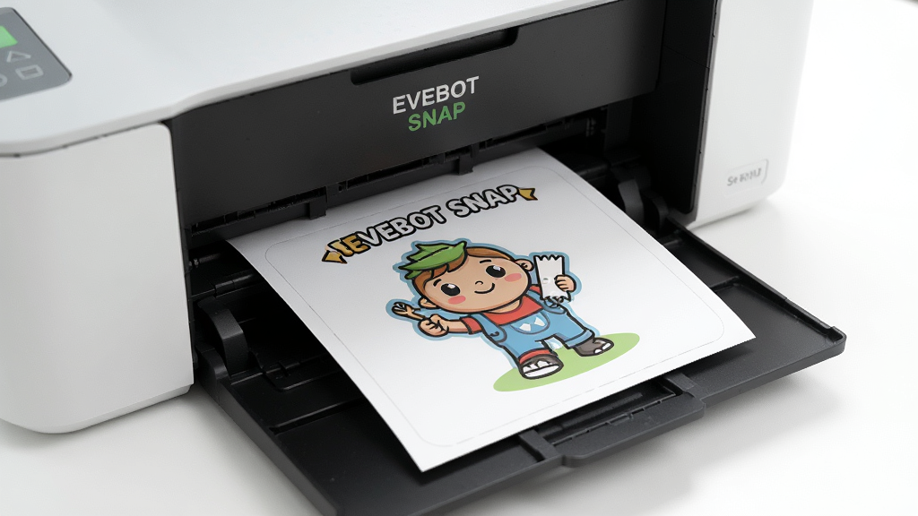 EVEBOT SNAP打印效果展示,打印机正在输出一张带有卡通图案的标签,标签上印有清晰的线条和文字,打印纸从机器中缓缓吐出,背景为白色桌面,光线明亮,细节真实,画质干净