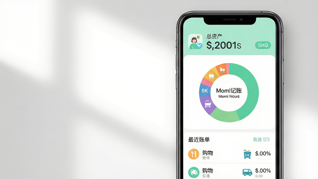 主体:Momi记账app界面展示,一部智能手机屏幕内显示清晰的收支分类图标与彩色环形统计图。布局:手机位于画面中央偏右,左侧留白配以柔和阴影。排版:界面元素整齐排列,上方为总资产数字,中部为分类圆环图,下方为最近账单列表。风格:扁平化设计,色彩清新明快,主色调为薄荷绿与白色。细节:屏幕中显示“Momi记账”字样,圆环图各区块颜色分明,列表项有餐饮、购物、交通等图标。画质:8K超清,干净,无多余元素。