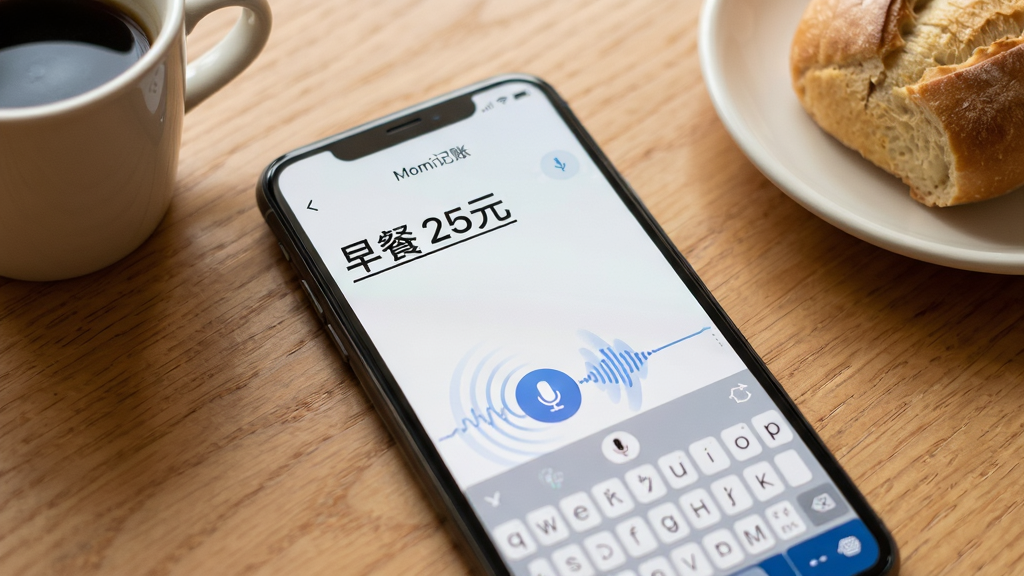 主体:Momi记账的语音输入功能特写,手机屏幕下方有麦克风图标,上方显示“早餐 25元”被成功识别。布局:手机斜放于木桌之上,周围有咖啡杯和面包作为场景点缀。排版:屏幕界面简洁,键盘区隐藏,语音波形动画在麦克风图标周围扩散。风格:生活化场景摄影风格,浅景深效果,色调温暖。细节:屏幕顶部显示“Momi记账”字样,识别文字带下划线高亮。画质:高分辨率,干净,无多余元素。