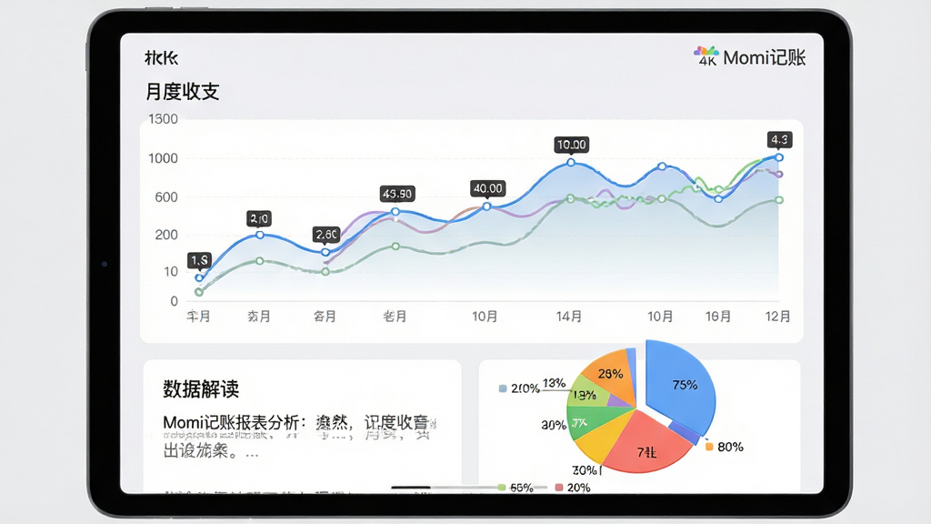 主体:Momi记账的报表分析页面,展示月度收支折线图与分类占比饼图。布局:平板电脑横屏显示,图表占满屏幕上方,下方为数据解读的文字卡片。排版:折线图起伏自然,饼图各分类颜色鲜艳并带有百分比标签。风格:商务数据可视化风格,背景为浅灰色。细节:图表右上角有“Momi记账”水印,折线图节点有数字标注。画质:4K清晰,干净,无多余元素。