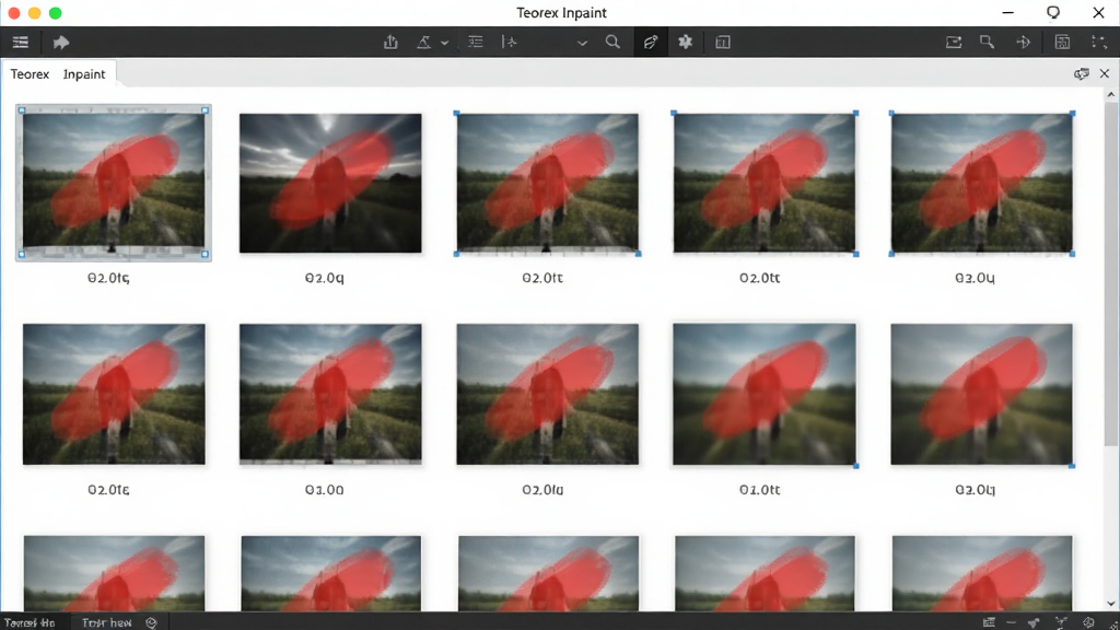 展示Teorex Inpaint批量处理界面,多张图片缩略图排列在软件窗口中,每张图片上都有红色涂抹标记,软件自动逐一处理,界面布局清晰,风格简洁,画质高清,干净无多余元素
