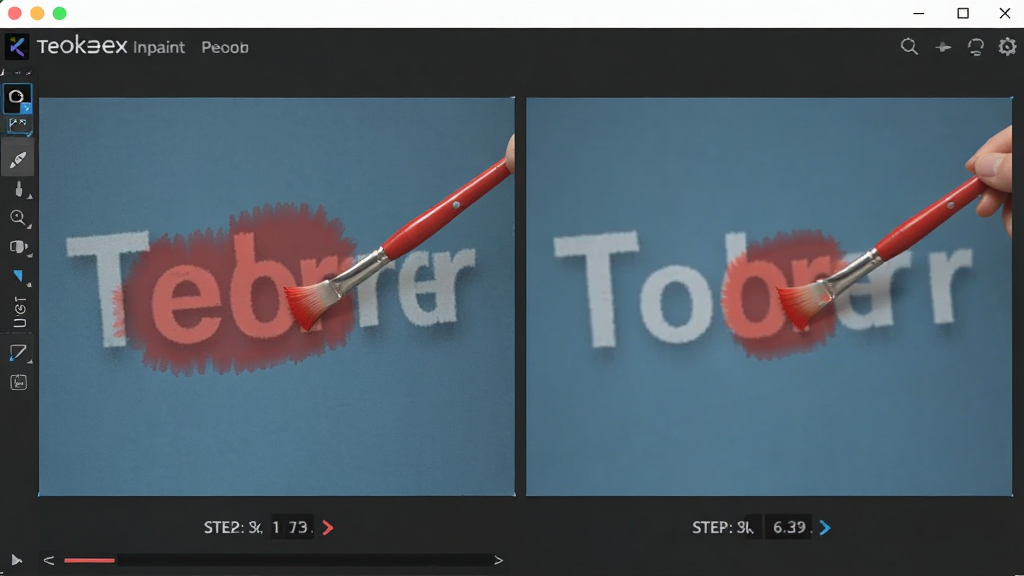 展示Teorex Inpaint软件操作过程,用户使用红色画笔涂抹图片中的水印文字,软件实时预览修复效果,界面清晰,步骤直观,画质细腻,干净无多余元素