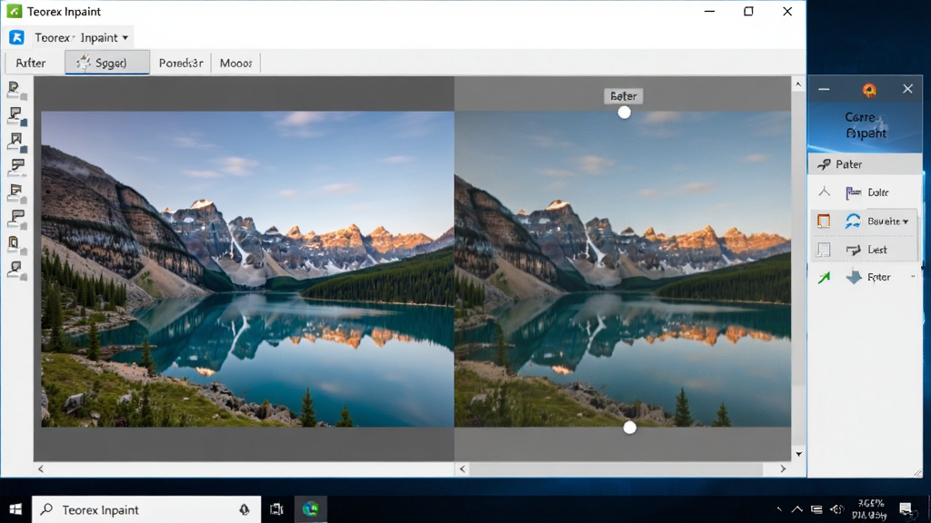展示Teorex Inpaint软件运行在Windows桌面上的效果,用户正在处理一张风景照片,界面显示修复前后对比,风格简洁,画质清晰,干净无多余元素