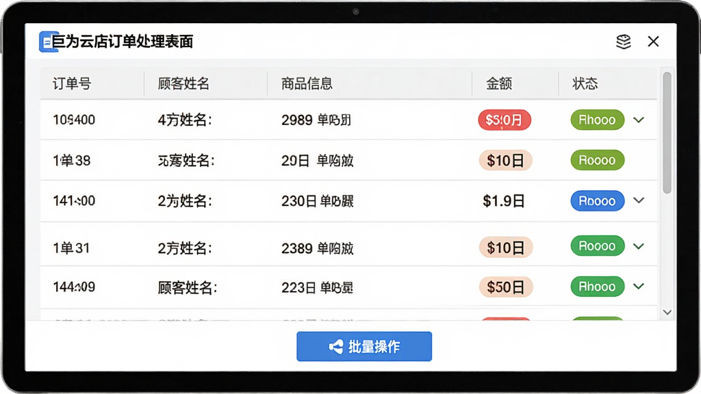 ���壺��Ϊ�Ƶ궩���������棬��ʾ��ʶ�����¼�����֣��б���ʽչʾ�����š��˿���������Ʒ��Ϣ������״̬���ײ�������������ť���Ű棺�������У�״̬�ò�ͬ��ɫ��ǩ��ʶ����񣺼���������׵׻��ߣ�״̬��ǩ��Ŀ��ϸ�ڣ�������Ϣ��������ťͼ����������������ʽͳһ�����ʣ����壬�ɾ����޶���Ԫ�ء�