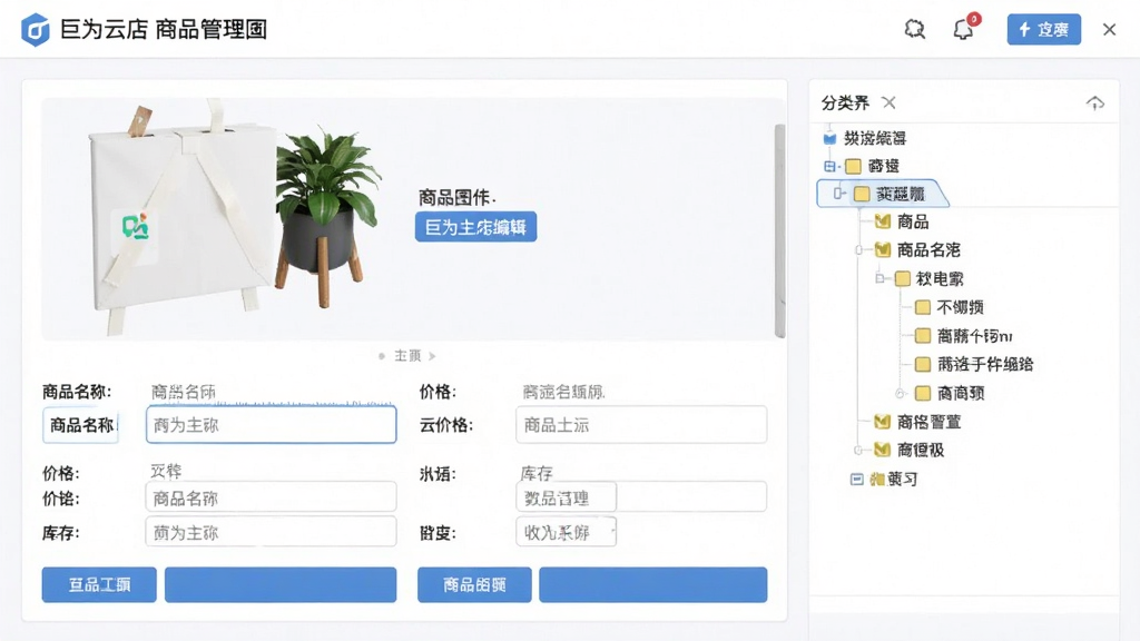 ���壺��Ϊ�Ƶ���Ʒ��������Ľ�ͼ��չʾ��Ʒ�༭���������֣��Ϸ�Ϊ��ƷͼƬ�ϴ������·�Ϊ��Ʒ���ơ��۸񡢿���������Ҳ�Ϊ����ѡ�������Ű棺����ʽ���֣��ֶ��������룬��ť���ͳһ������������񣬰�ɫ��������ɫ��ť��ϸ�ڣ�����������ʾ���֣���ƷͼƬ�������������㼶���������ʣ����壬�ɾ����޶���Ԫ�ء�