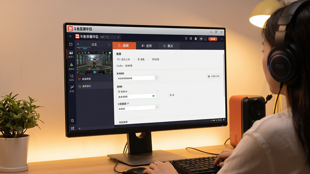 主体:用户正在使用斗鱼直播伴侣进行直播设置,电脑屏幕显示设置界面。布局:屏幕占据画面中央,周围环境简洁。排版:设置界面选项清晰可见。风格:简约现代,暖色调。细节:屏幕上显示“斗鱼直播伴侣”设置面板,包含“画面”“音频”“推流”选项卡。画质:高清,干净,无多余元素。
